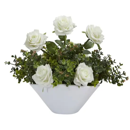 16" Roses and Eucalyptus Artificial Arrangement in White Vase {1}