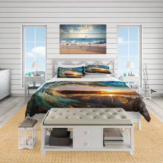 Designart 'Colored Ocean Waves Falling Down' Coastal Bedding Set - Duvet Cover & Shams {3}