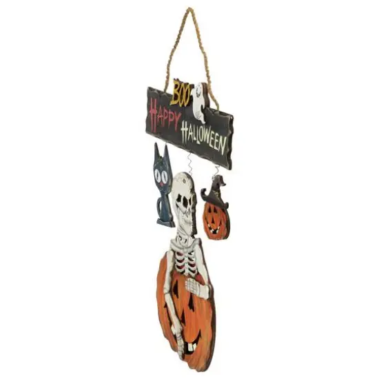 15" Skeleton with Jack-O-Lanterns & Black Cat Happy Halloween Hanging Sign {4}