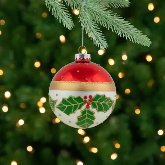 2ct. Holly & Berries Glittered Christmas Glass Ball Ornaments {3}