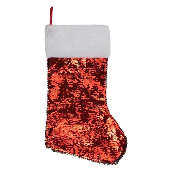 19" Red & Silver Sequin Christmas Stocking with White Faux Fur Cuff {1}