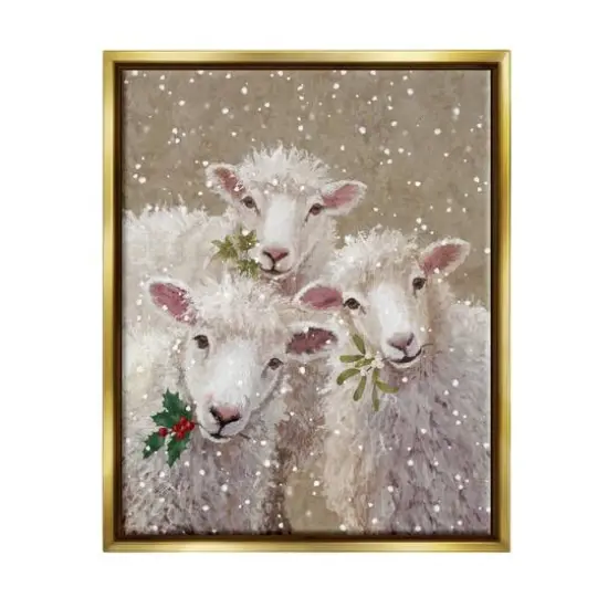 Stupell Industries Winter Sheep Trio Farm Animals Framed Floater Canvas Wall Art Gold {1}