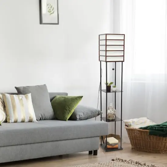 Lalia Home Metal Floor Lamp with Storage Shelves and Linen Shade Black Shelves and Brown Wood {6}