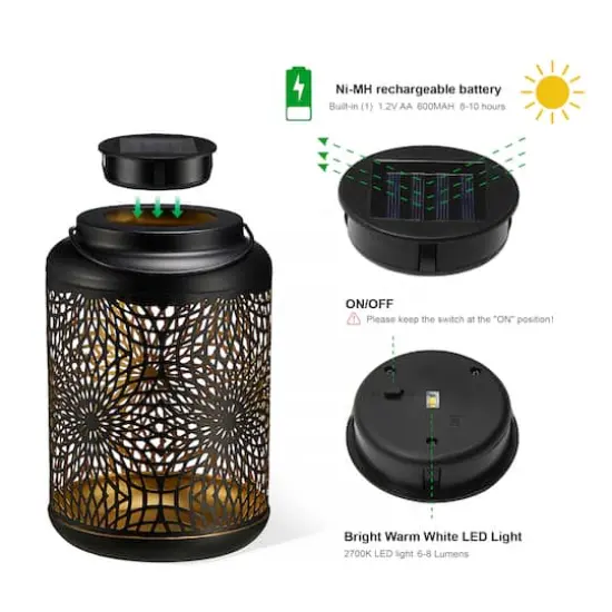 Glitzhome&reg; 8.75" Metal Cutout Solar Powered Hanging Lantern Set Black {7}