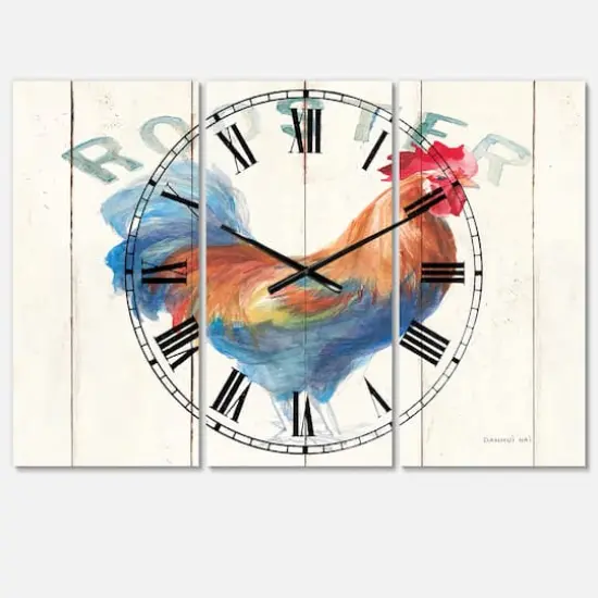 Designart Farm Rooster Farmhouse 3 Panel Wall Clock {1}