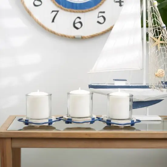 Blue Metal Distressed 3-Linked Buoy Candle Holder with White Wood Accents {8}