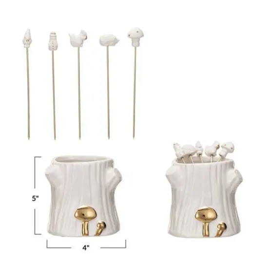 Hello Honey&reg; White & Gold Forest Icon Appetizer Picks with Stump Holder Set {4}