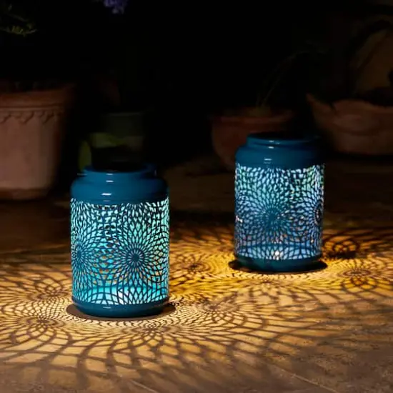 Glitzhome® 8.75" Metal Cutout Solar Powered Hanging Lantern Set Blue {6}