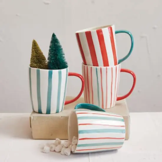 Hello Honey&reg; 14oz. Hand-Painted Red, Aqua & Cream Stripes Stoneware Mugs, 4ct. {3}