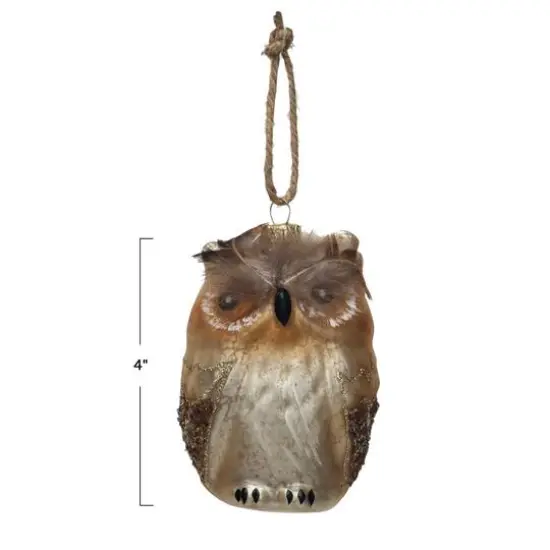 Hello Honey&reg; 4" Brown Owl Glass Ornament with Feathers {5}