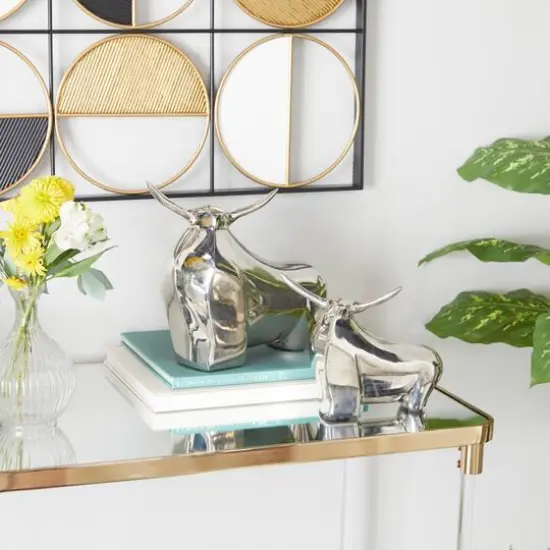 Silver Aluminum Contemporary Bulls Sculpture, Set of 2" 11", 8" {8}