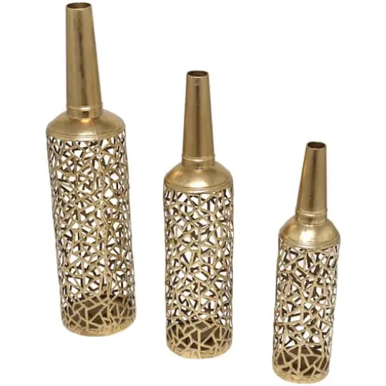 Gold Metal Abstract Patterned Vase with Open Frame Design Set {4}