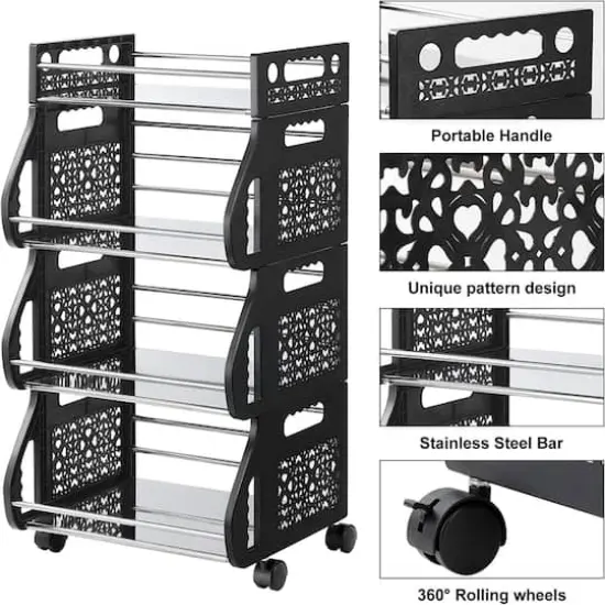 Black 4-Tier Rolling Stackable Fruit Basket Utility Cart {4}