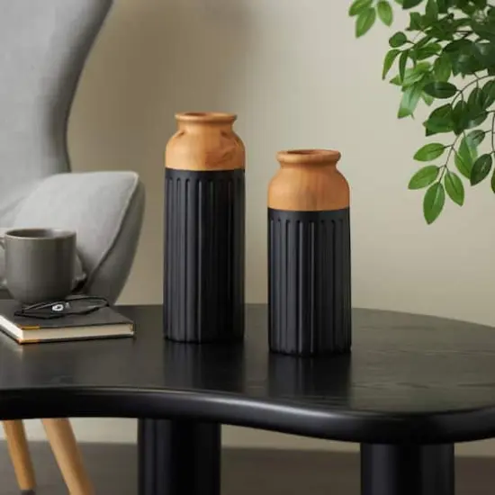 Black Metal Color Block Decorative Vase with Rounded Linear Grooves & Brown Wood Tops, 2ct. {9}