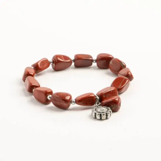 John Bead Red Jasper Stretch Bracelet with Flower Charm {4}