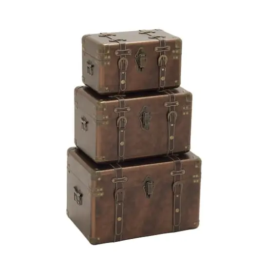 Set of 3" Brown Leather Traditional Trunk, 18", 16", 13" {4}