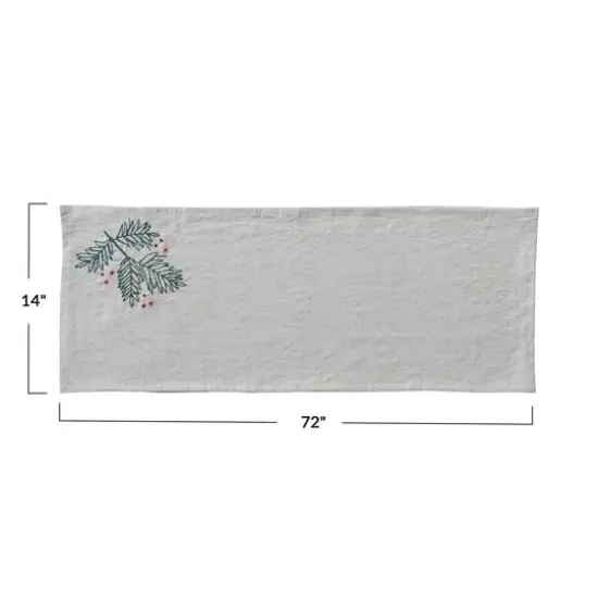 Hello Honey&reg; 72" Natural, Green & Red Woven Cotton & Linen Table Runner with Hand-Embroidered Holly & French Knots {5}