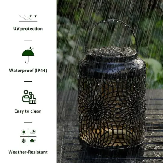 Glitzhome&reg; 9" Cutout Metal Solar Powered Outdoor Hanging Lantern Black/Gold {8}
