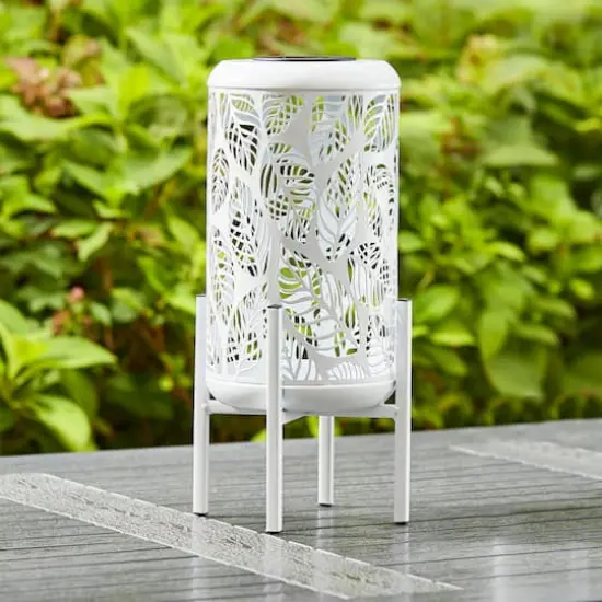 Glitzhome&reg; 14.25" White Metal Cutout Leaves Pattern Solar Powered LED Outdoor Lantern {3}