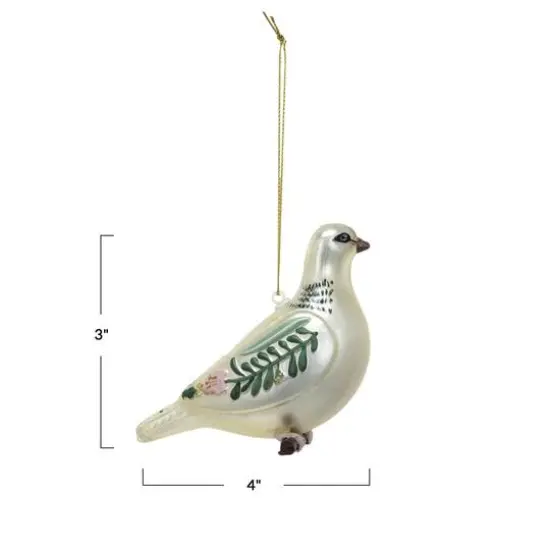 Hello Honey&reg; 4" White & Green Glass Dove Ornament {4}