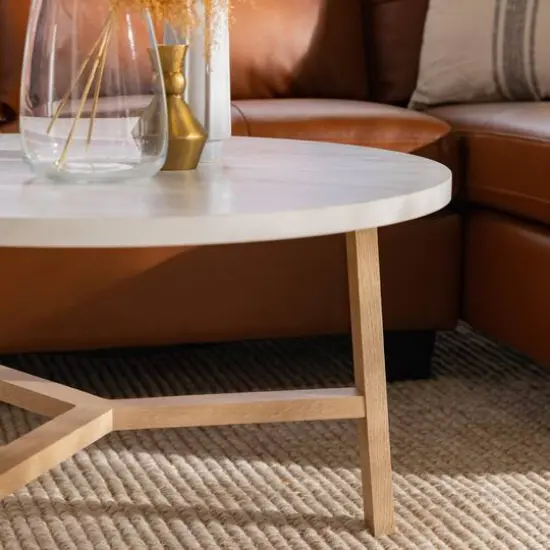 Faux White Marble & Light Oak Mid Century Modern Round Coffee Table {5}