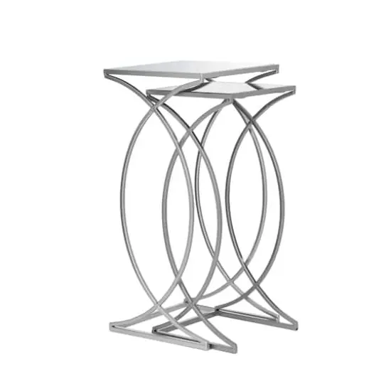 Glitzhome&reg; Metal Tall Accent Table with Glass Top Set Silver {8}