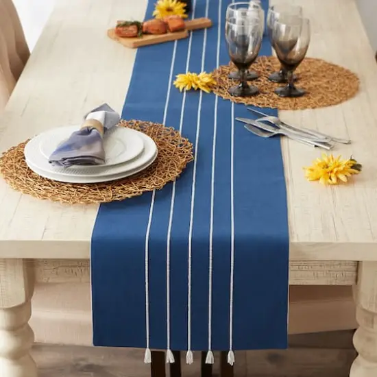 DII&reg; 108" Striped Tassel Table Runner Navy/Off White {4}