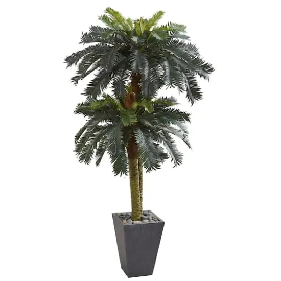 6ft. Double Sago Palm Artificial Tree in Slate Finished Planter {1}