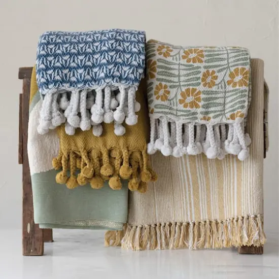 Hello Honey® Blue & Cream Printed Cotton Throw Blanket with Braided Pom Pom Tassels {3}