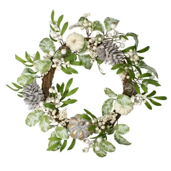 20" White Pumpkin, Berries & Leaves Twig Wreath {1}
