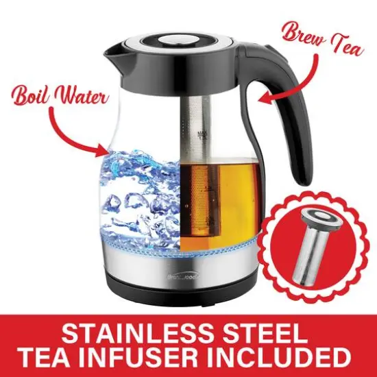 Brentwood 1.79qt. Black Cordless Glass Electric Kettle with Tea Infuser and Swivel Base {6}
