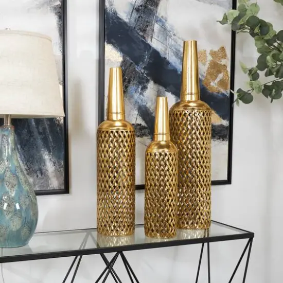 Gold Metal Diamond Patterned Vase with Open Frame Design Set {6}