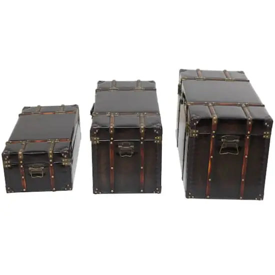 Dark Brown Faux Leather Studded Trunk with Latches & Handles Set {3}
