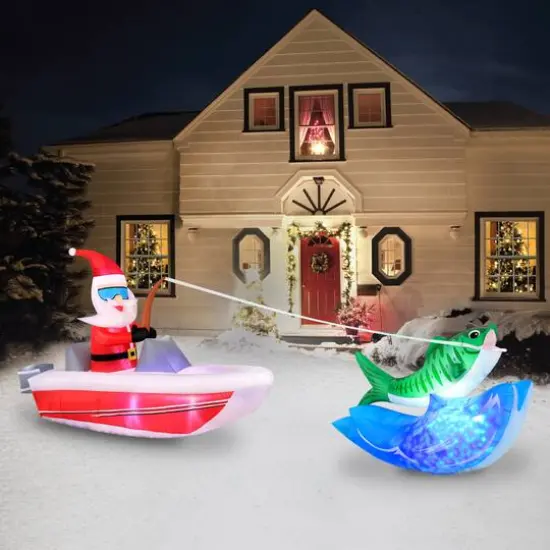 14ft. Inflatable Christmas Boat Fishing Santa with Swirling Lights {4}