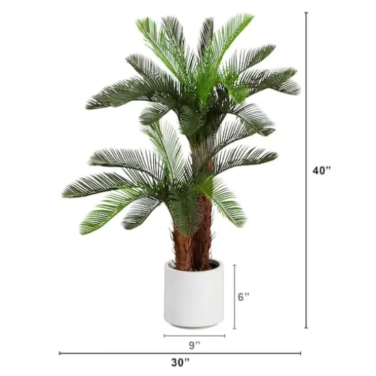40in. UV Resistant Artificial Double Cycas Palm Tree in White Decorative Planter (Indoor/Outdoor) {3}