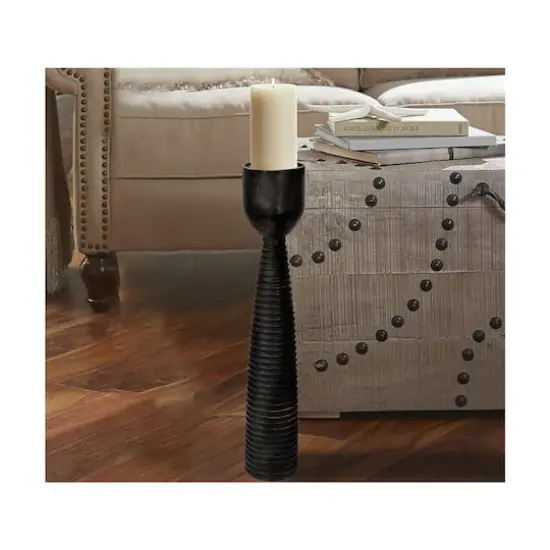 Hello Honey&reg; 20" Black Mango Wood Ribbed Pillar Candle Holder {3}