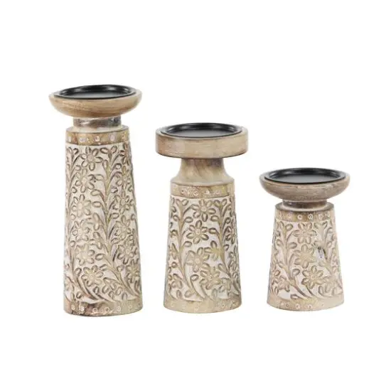 Brown & White Mango Wood Floral Candle Holder Set {6}