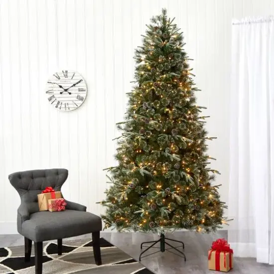 7.5ft. Pre-Lit Snowed Tipped Clermont Mixed Pine & Pinecones Artificial Christmas Tree with Clear LED Lights {9}