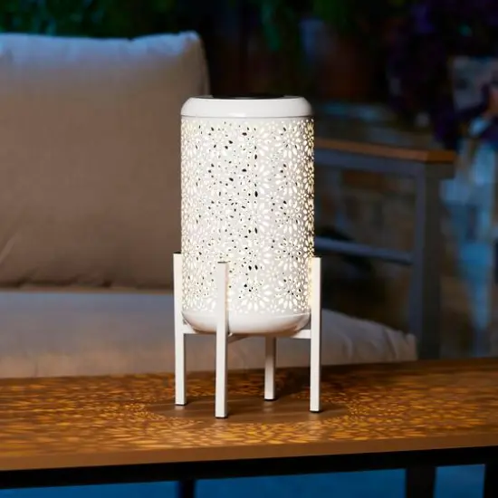 Glitzhome&reg; 14.25" White Metal Cutout Flower Pattern Solar Powered LED Outdoor Lantern {6}