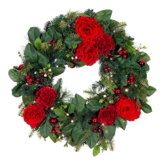 Village Lighting 30" LED Red Peonies & Berry Wreath {1}