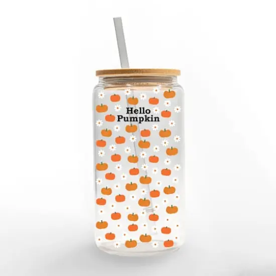 Hello Pumpkin Daisy Pattern 16oz. Glass Can Cup {1}