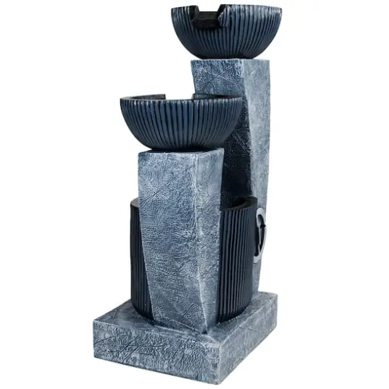 32" Lighted Blue Modern Tiered Outdoor Garden Water Fountain {5}