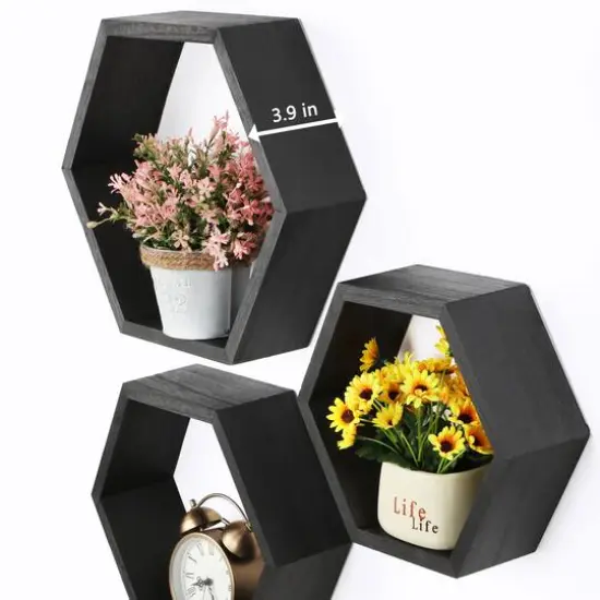 NEX&trade; Black Wall-Mounted Hexagon Floating Shelves Set {1}