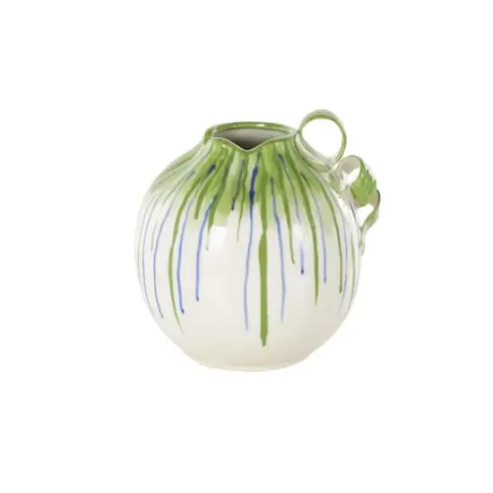 10.5" White Ceramic Vase with Green & Blue Drip Design & Handles {4}