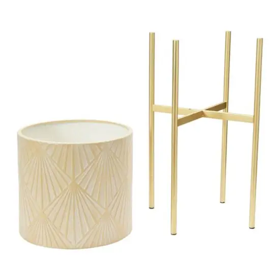 Hello Honey&reg; Cream & Gold Boho Embossed Metal Planters with Stands Set {7}
