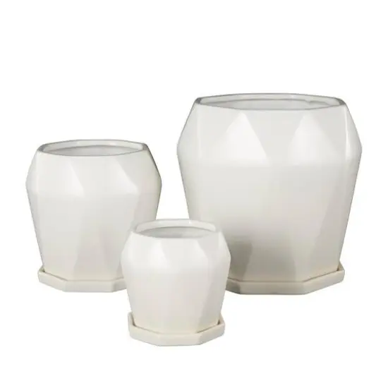 White Faceted Ceramic Planter Set {9}