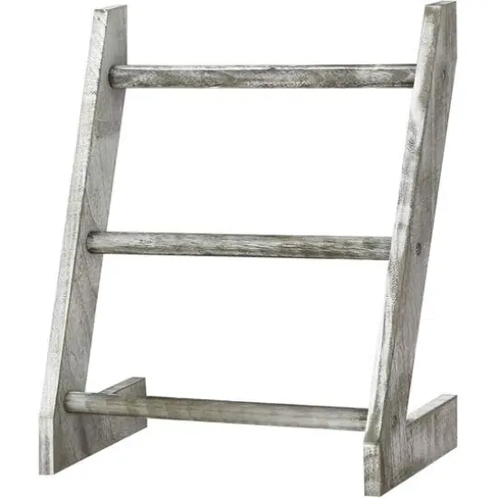 3-Tier Rustic Wood Farmhouse Wall Hanging Ladder Towel Rack Light Gray {1}