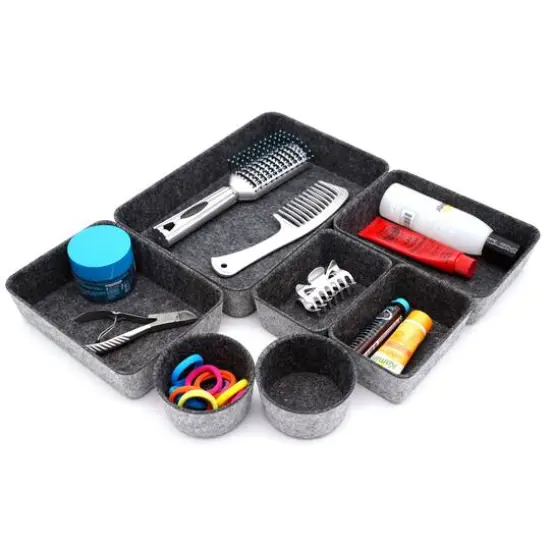 Welaxy 7 Piece Felt Round Cups & Trays Drawer Organizer Set Charcoal {7}