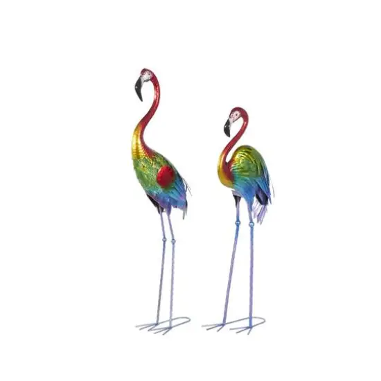 Tall Rainbow Textured Metal Flamingo Garden Sculpture Set {8}