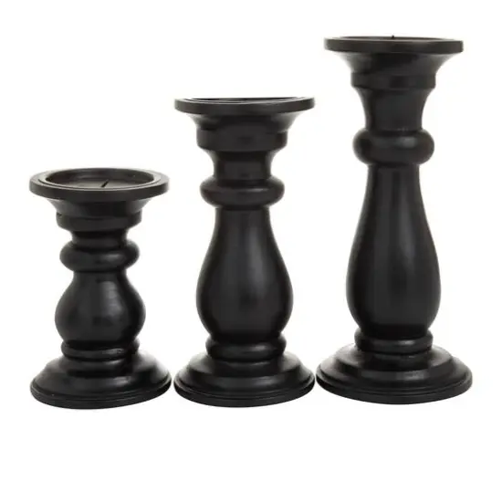Set of 3 Black Mango Wood Traditional Candle Holders, 10" x 4" x 4" {6}